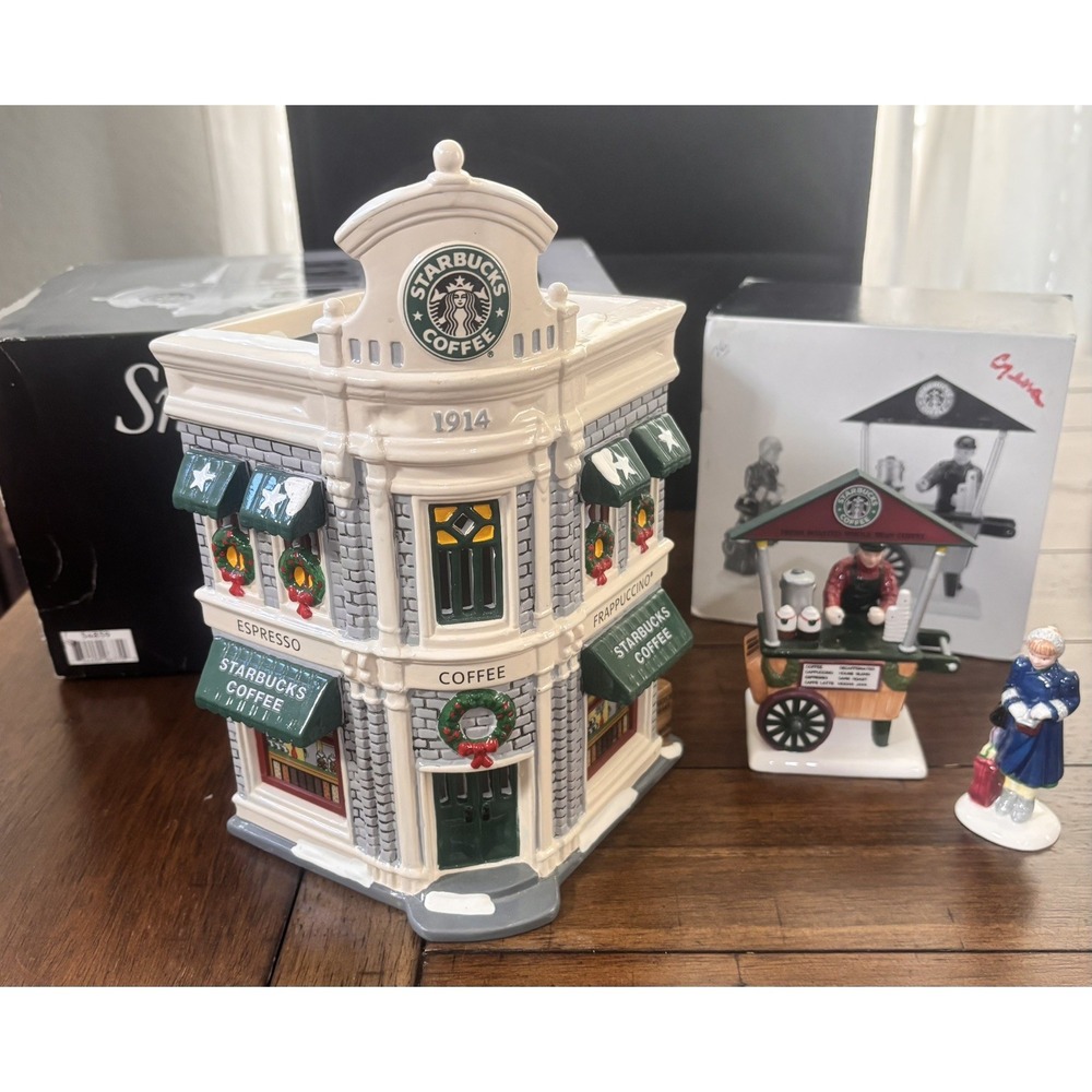 Dept 56 Snow Village Starbucks Coffee Shop 54859 & Coffee Cart 54870 BOXES LIGHT